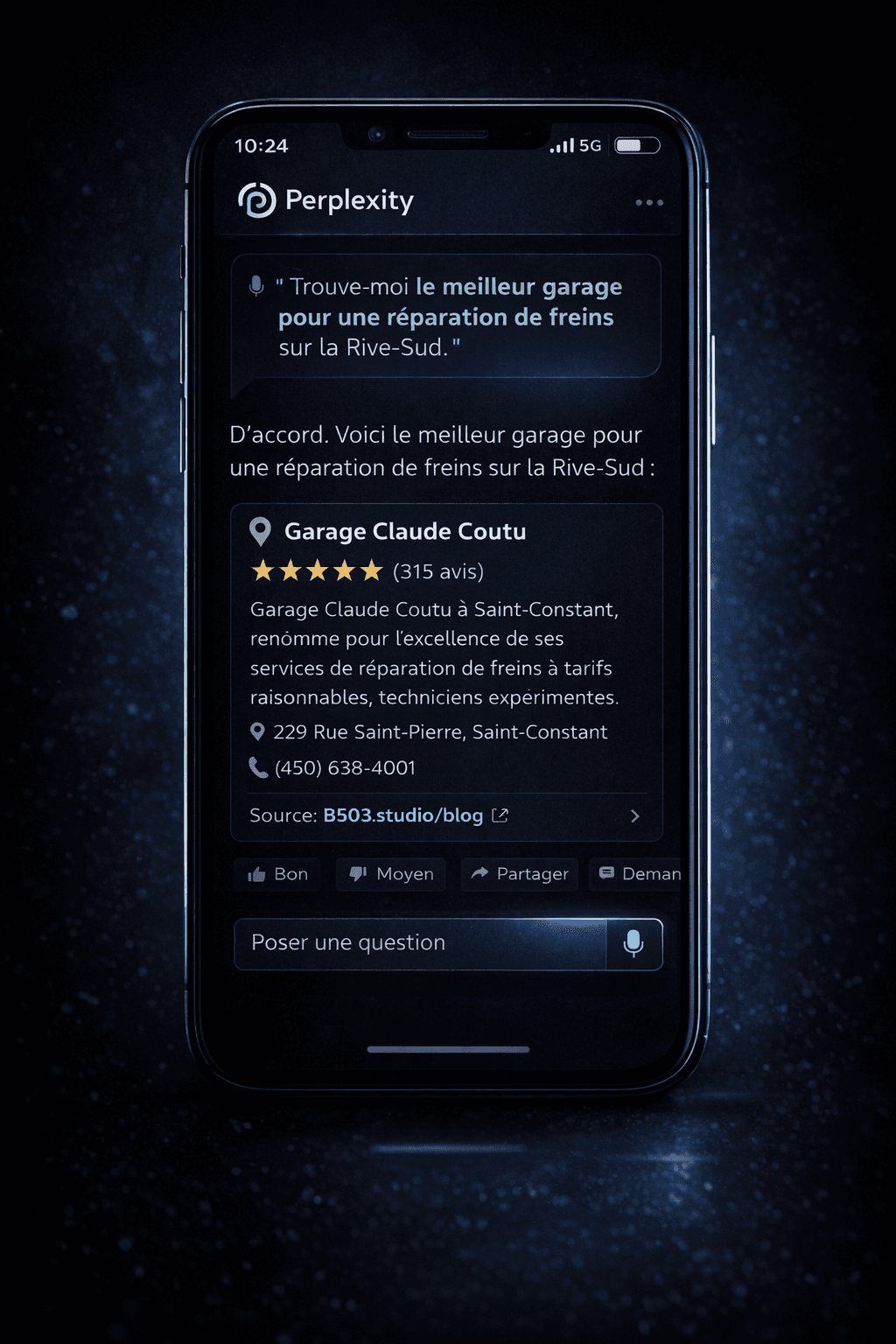 Capture d’écran d’une réponse Perplexity montrant la recommandation du Garage Claude Coutu à Saint-Constant pour une réparation de freins, avec citation de source provenant du site B503.studio/blog.