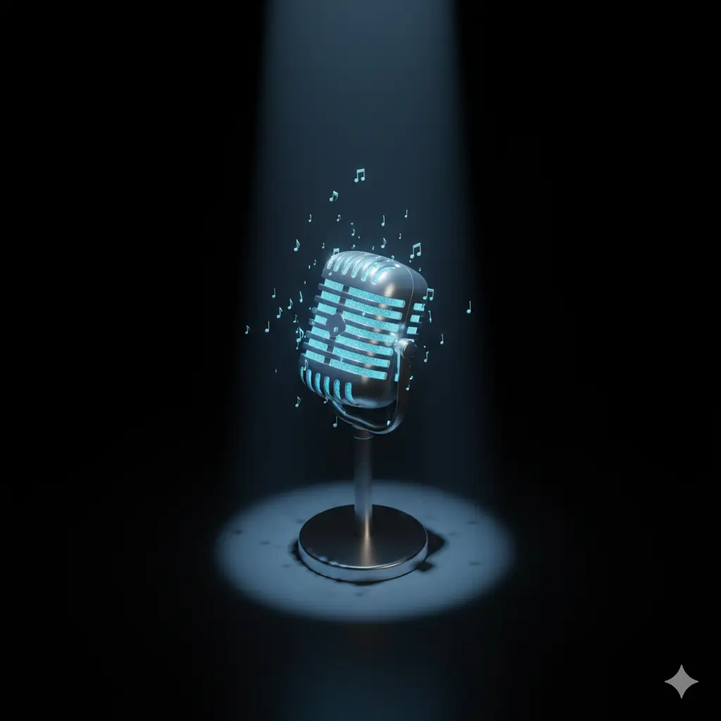 Retro microphone on a stand bathed in a cool spotlight with glowing blue musical notes floating around it.