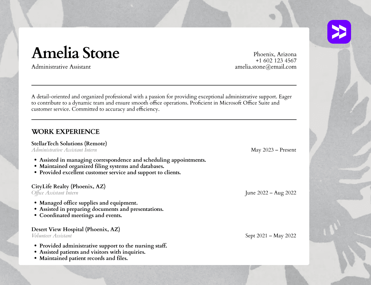 Administrative assistant resume example displayed on a clean, textured background