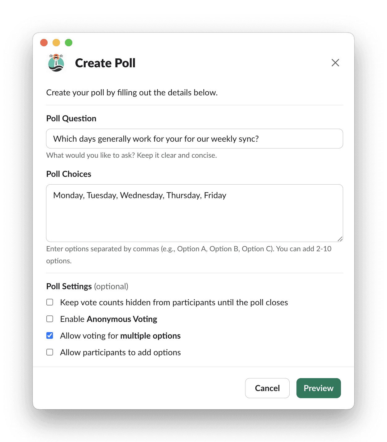 Slack app window for Poll creation interface for weekly sync day options with multiple choice checkbox enabled