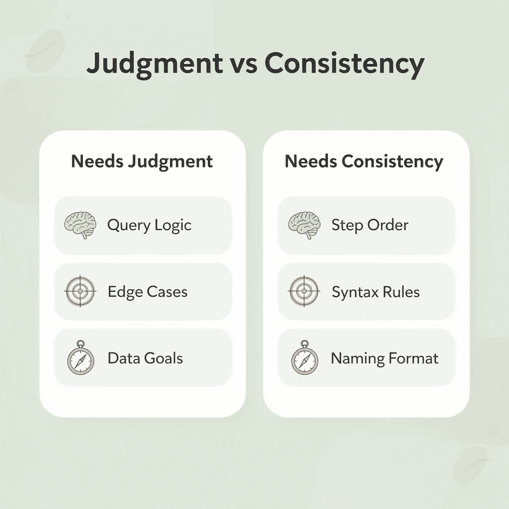 Two-column comparison of decisions needing judgment versus steps needing consistency