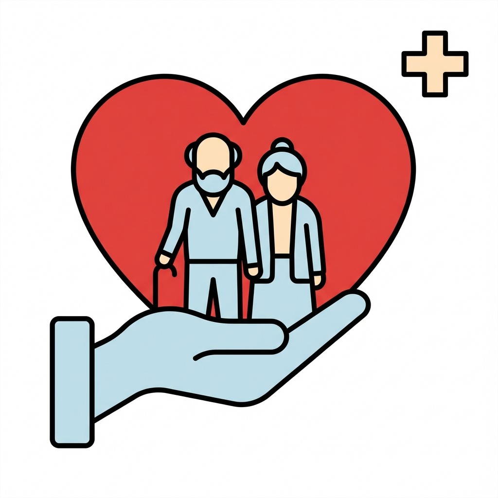 Hand hält ein älteres Paar vor einem großen Herz, daneben ein medizinisches Kreuzsymbol.