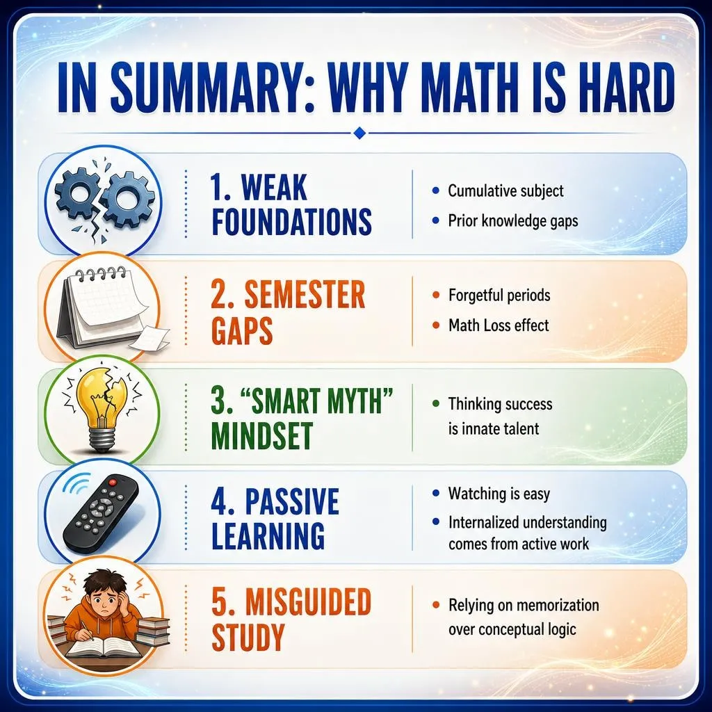 A comprehensive infographic table visually summarizing the five main reasons why math is hard, including weak foundations, semester gaps, fixed mindsets, passive learning, and incorrect study habits, with corresponding icons.