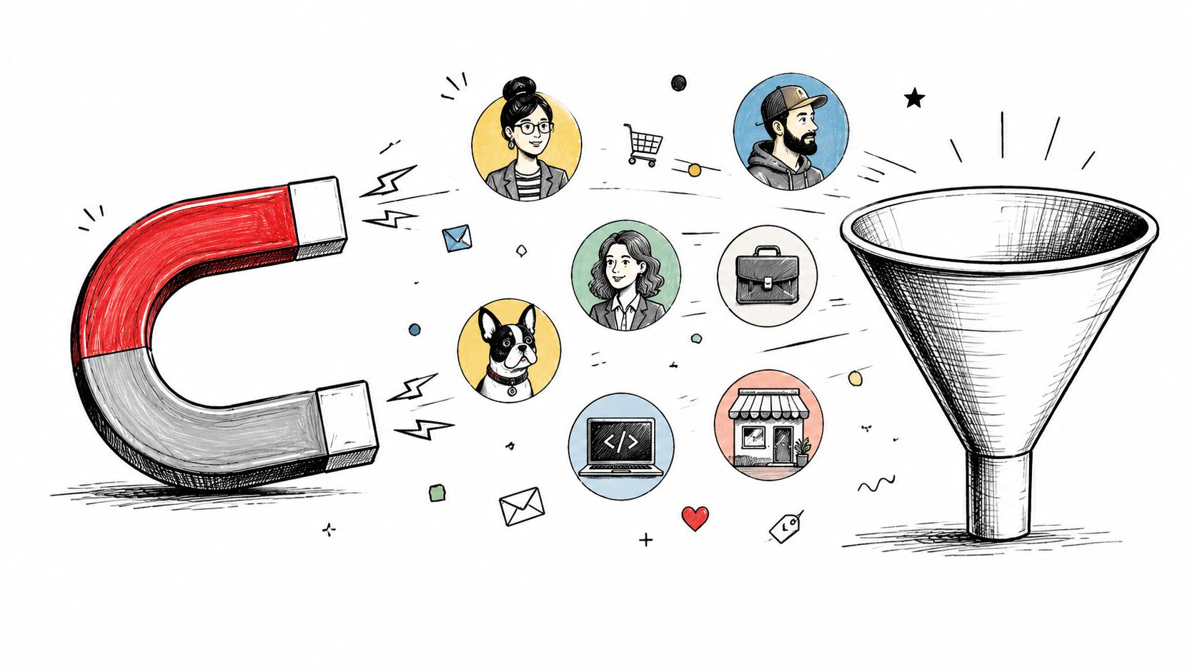 A magnet pulling diverse people and icons towards a funnel, representing the concept of business lead generation.