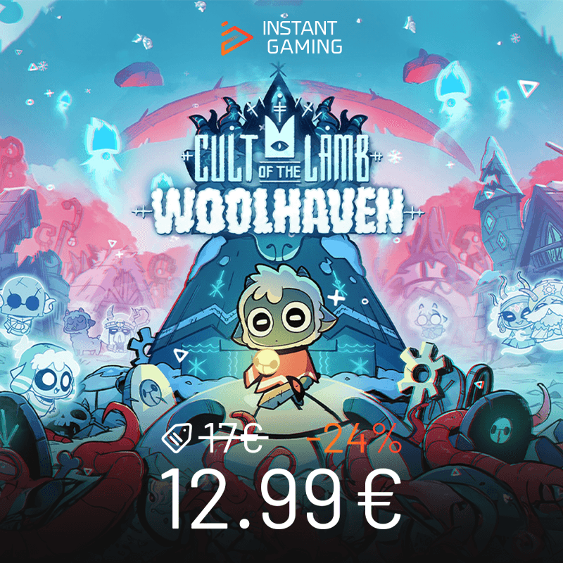 Jaquette Cult of the Lamb sur PC Steam, agneau mystique tenant une relique dans un univers sombre et stylisé, jeu d’action roguelike et gestion de culte, promotion KeyVerse Gaming