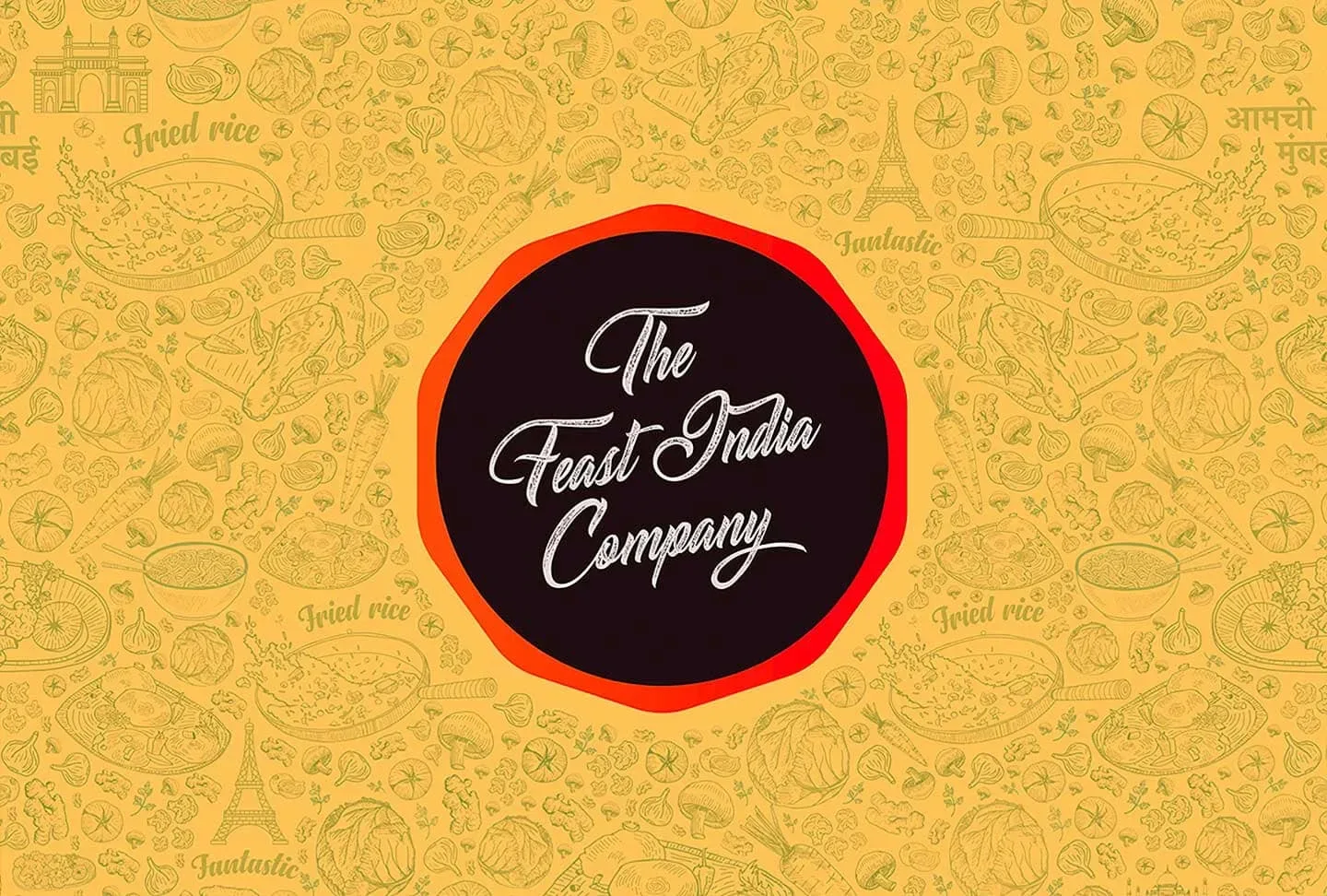 Decorative yellow Indian food pattern surrounds a bold red-and-black circle logo reading “The Feast India Company,” creating a festive, warm tone. 