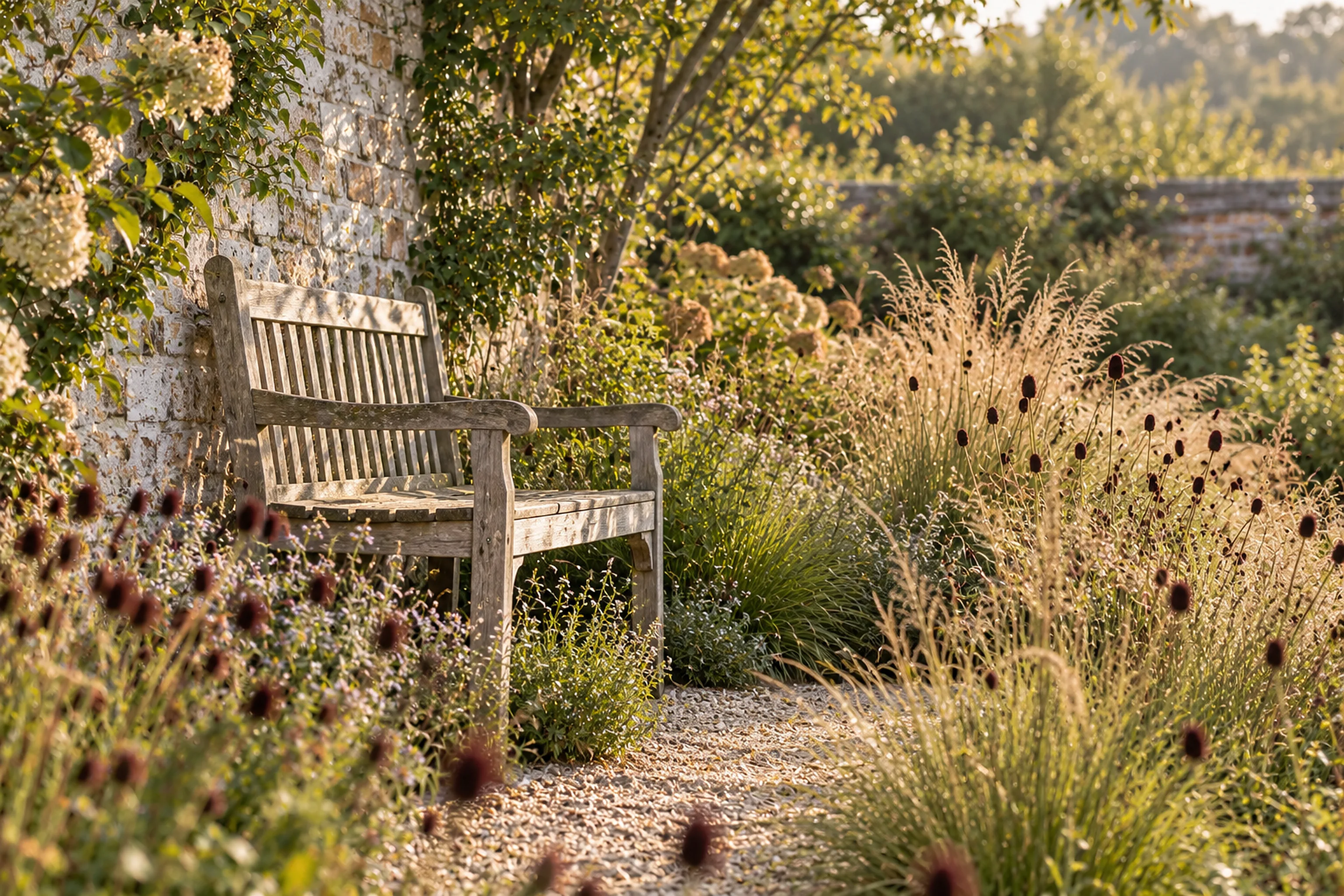 An oak bench set into soft planting beside a warm brick garden wall.