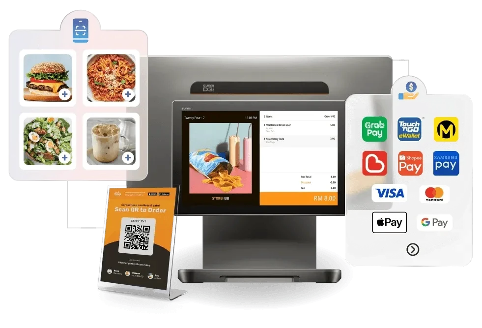 StoreHub POS system in Malaysia supporting DuitNow QR, Touch ’n Go eWallet, GrabPay, and card payments including Visa and Mastercard.