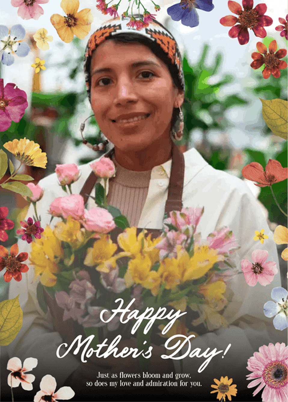 Bright 'Happy Mother's Day' greeting card template with a woman holding a colorful bouquet and floral illustrations