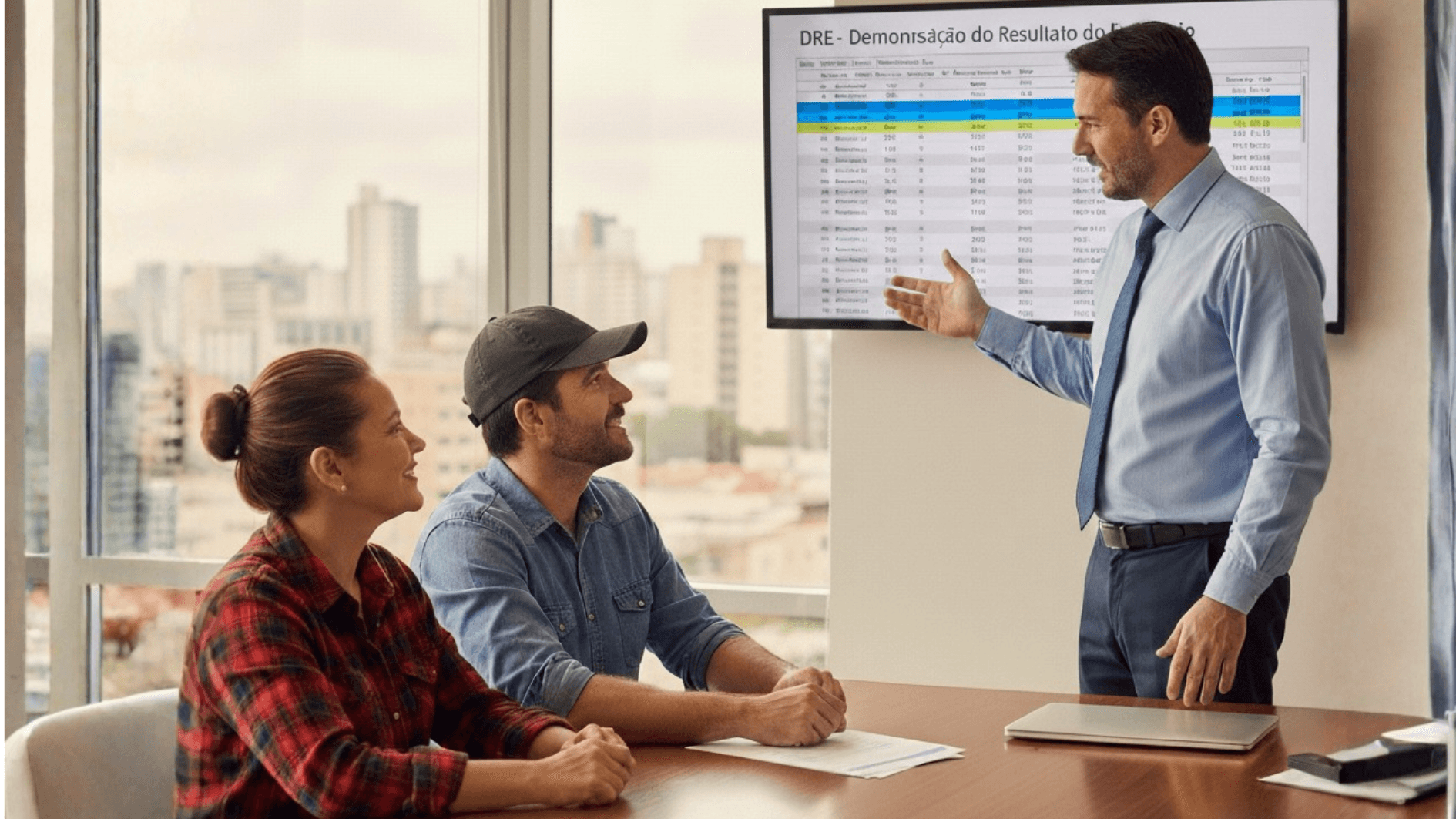 Contador rural apresentando estrutura de DRE eficiente para agronegócio em apresentação educativa sobre gestão financeira