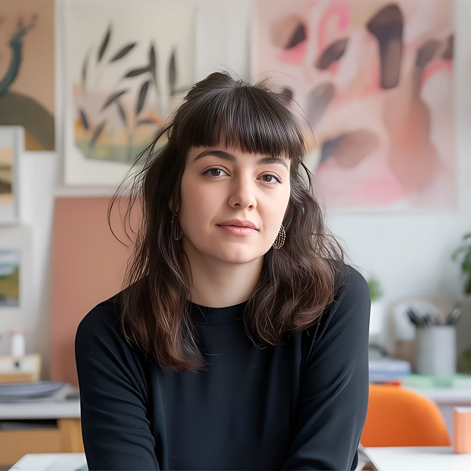 Cheerful dreamy woman with bob hairstyle