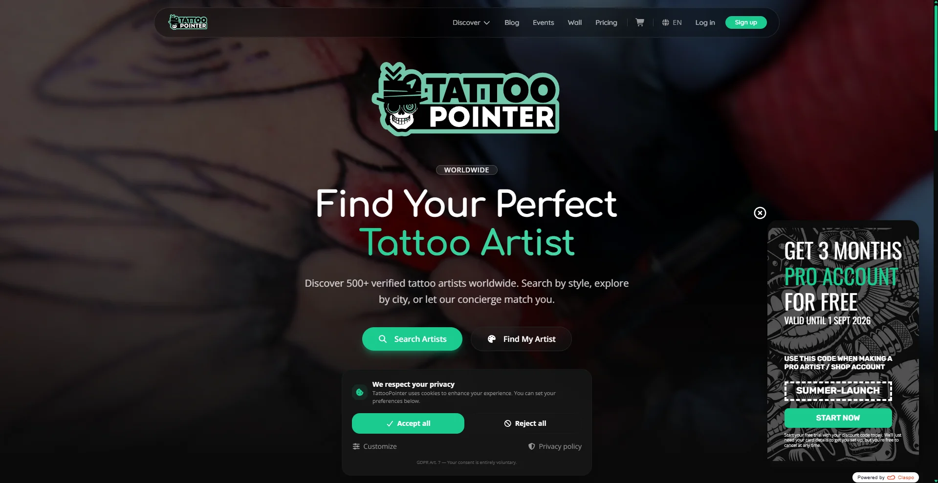  Example of a high-converting floating box popup on the Tattoo Pointer website displaying a promotional code "SUMMER-LAUNCH" for a free 3-month pro account upgrade.
