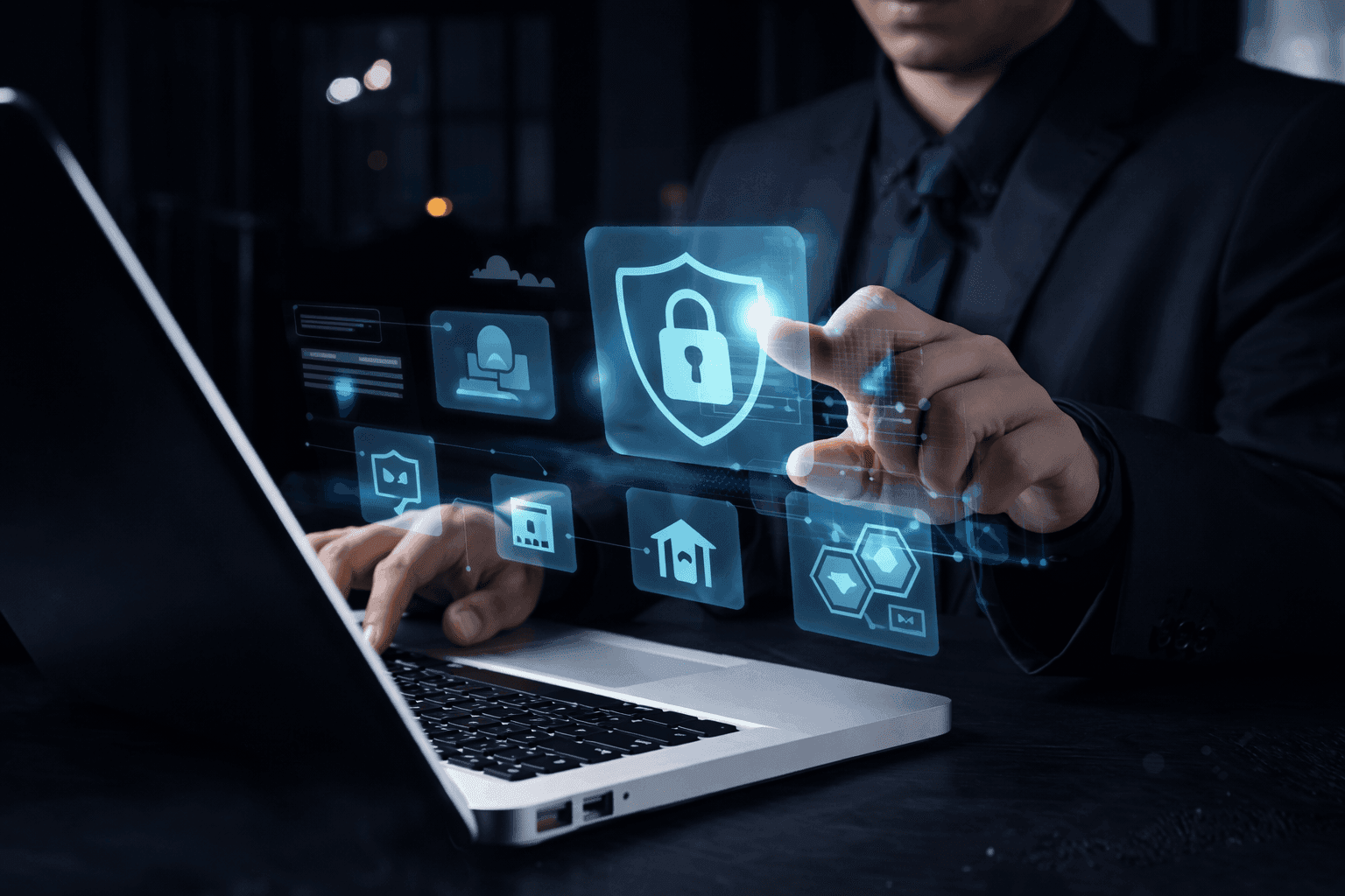 Professional using a laptop with a glowing digital interface featuring security shield and padlock icons to manage data access security.