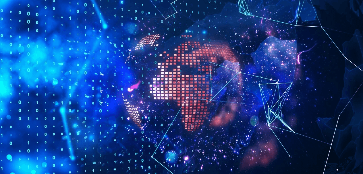 Abstract image of globe, celestial elements, and plexus grid