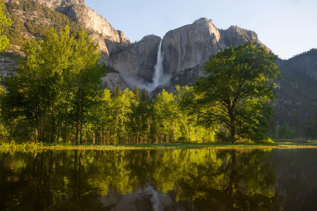 Mountain with a waterfall just before sunset in Yosemite National Park