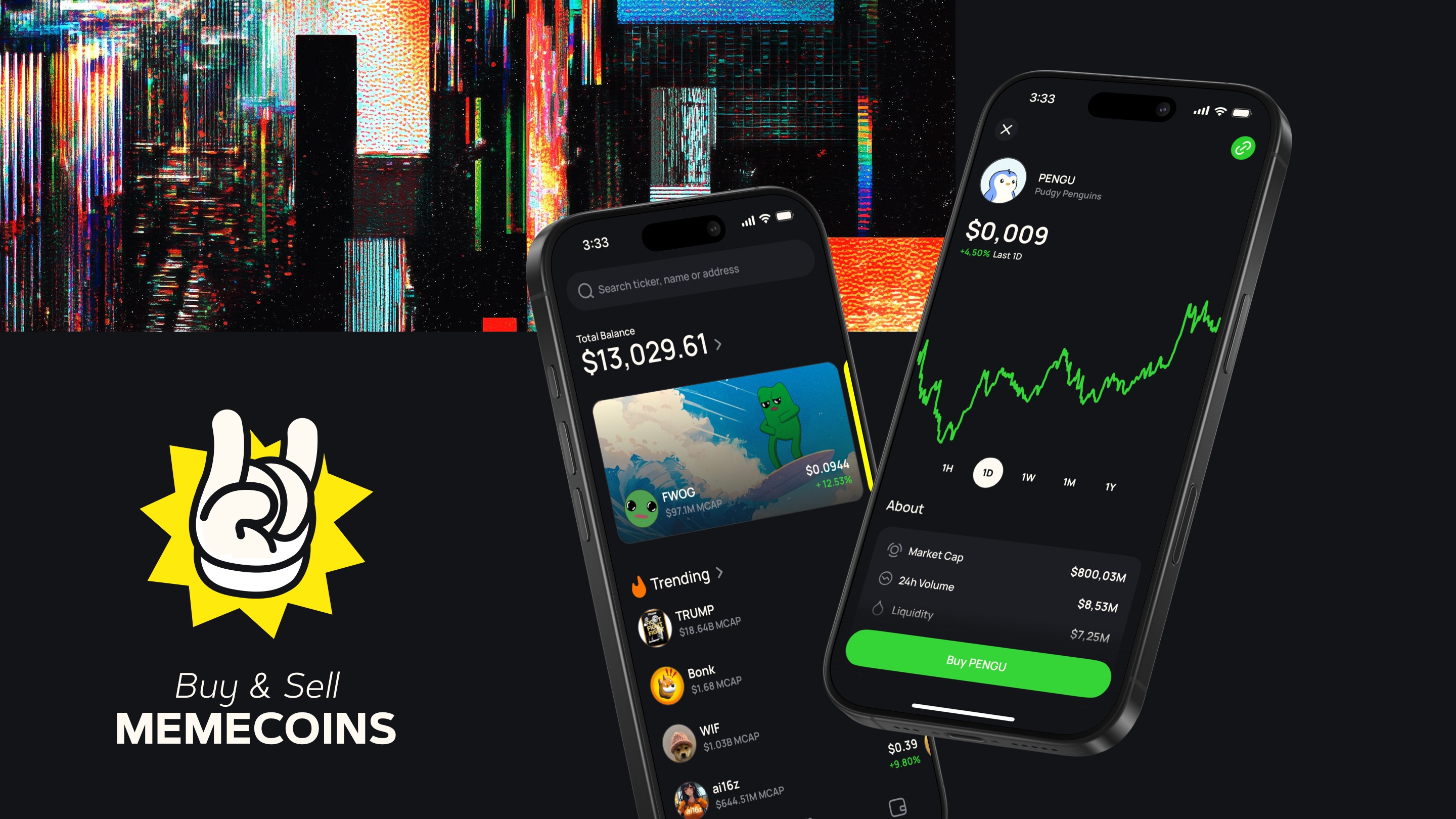 Handshake Crypto Wallet app displaying trending memecoins and PENGU token details