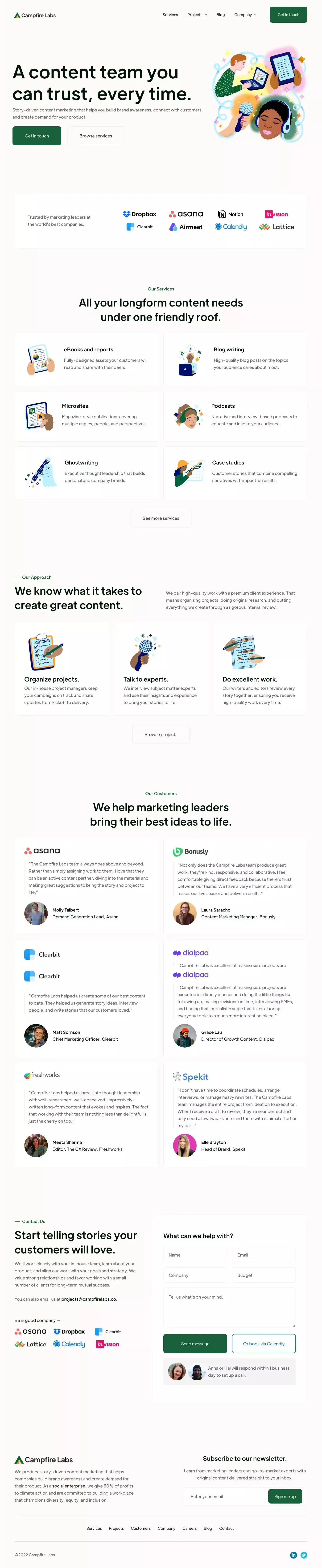 Campfire Labs – Story-driven content for landing page screenshot showcasing Marketing and Writing design