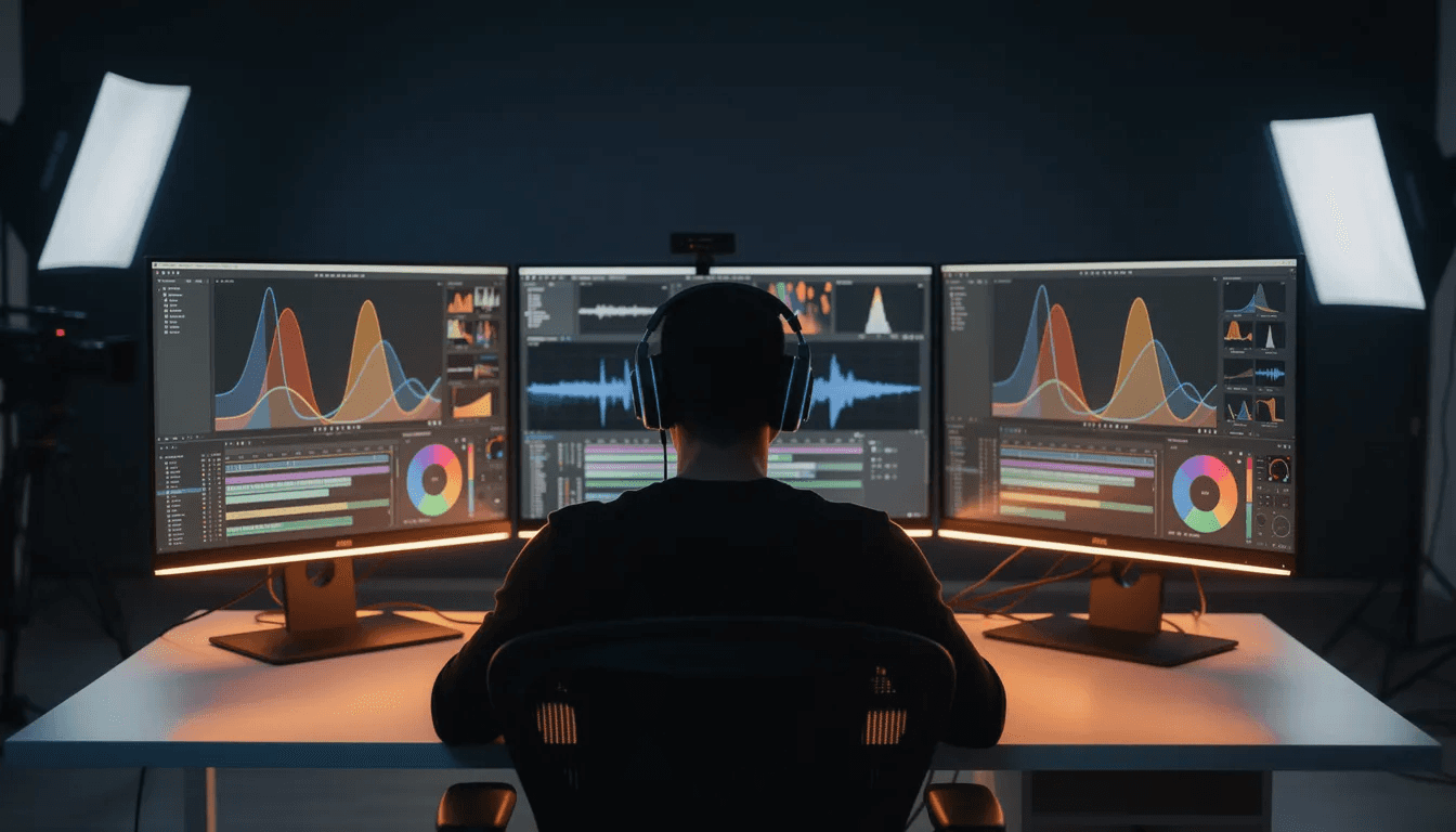 Un éditeur vidéo est concentré sur plusieurs écrans, où l'on peut voir une timeline et des outils de correction colorimétrique, illustrant le processus créatif essentiel à la production audiovisuelle. Cette scène met en avant l'importance de la vidéo dans la stratégie de marque employeur pour attirer les meilleurs talents sur le marché du travail.