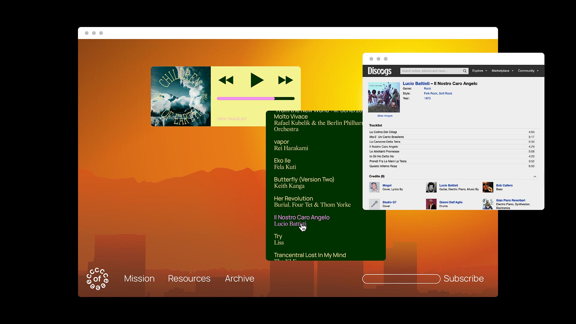 A screenshot shows a Mac desktop with a music player window open. The player displays a song titled “Molto Vita Kudu” by Rafael Kubekla & the Berlin Philharmonic Orchestra. The album art shows a blue sky with clouds. A second window shows a Discogs page listing “Lucic Batista” at II Nostro Caro Angelo, with artist, album, and release information. The desktop also shows tabs labeled “Mission,” “Resources,” and “Archive.”