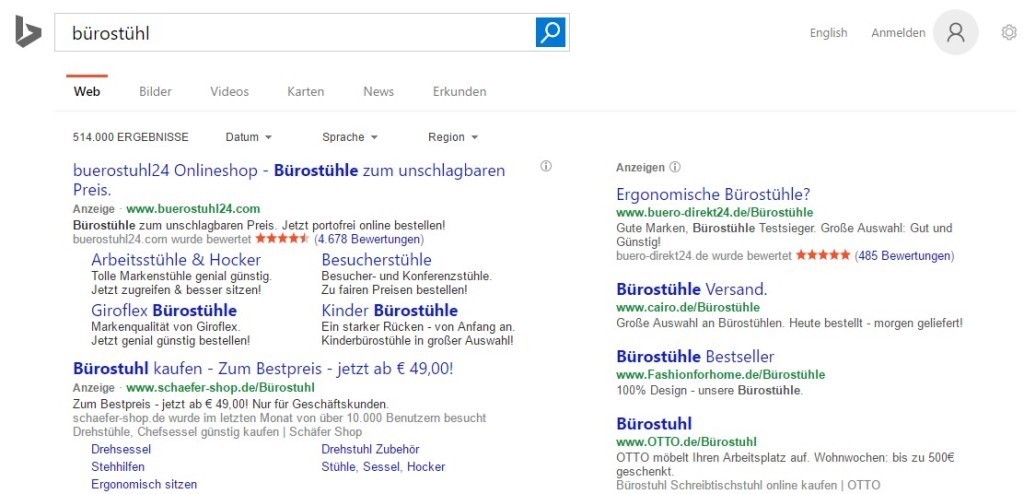 Darstellung der Suchergebnisse für Bürostuhl von Bing über die BindAds