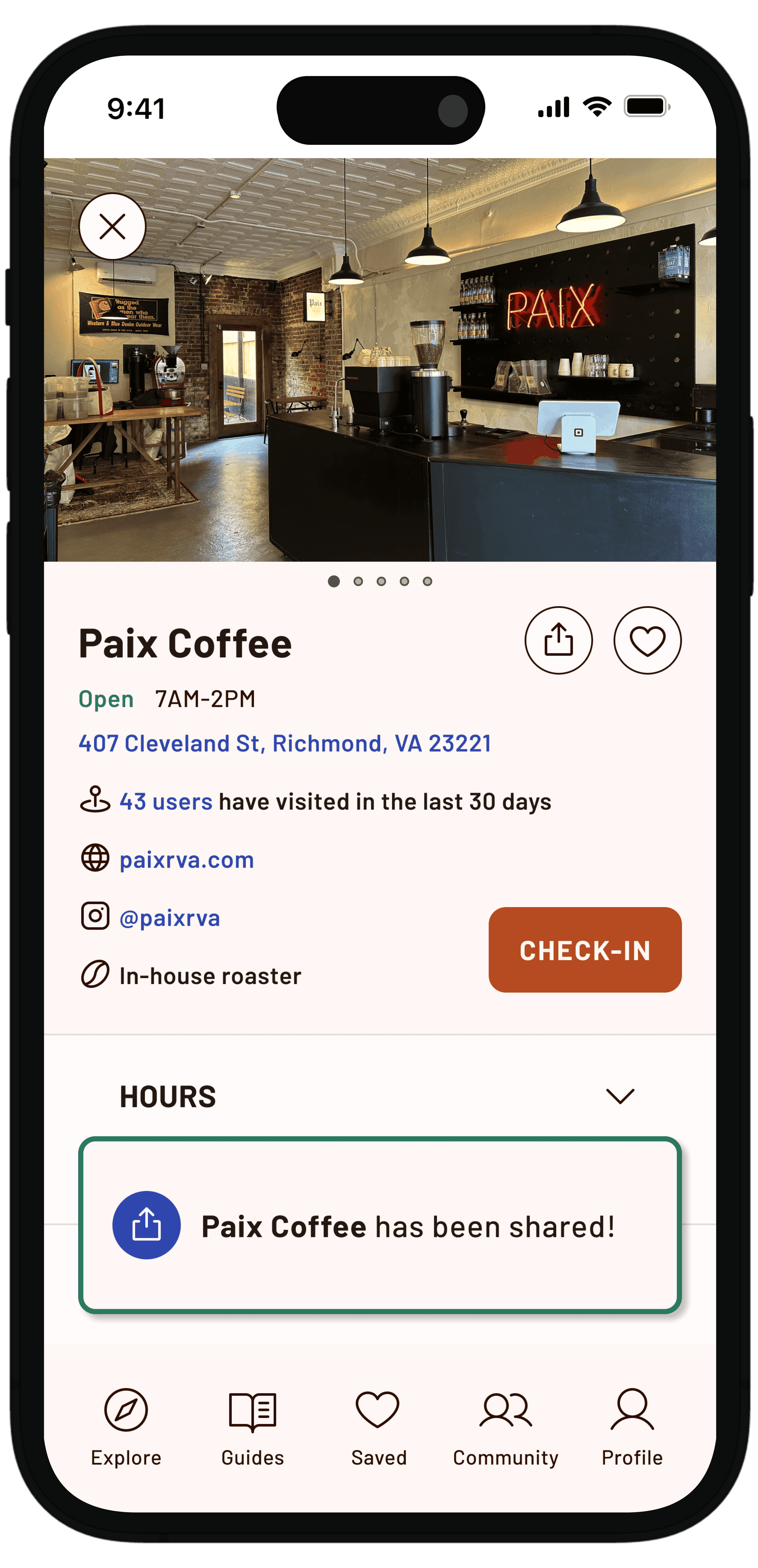 iPhone mockup featuring Dabbio's cafe profile screen with confirmation that the shop was shared