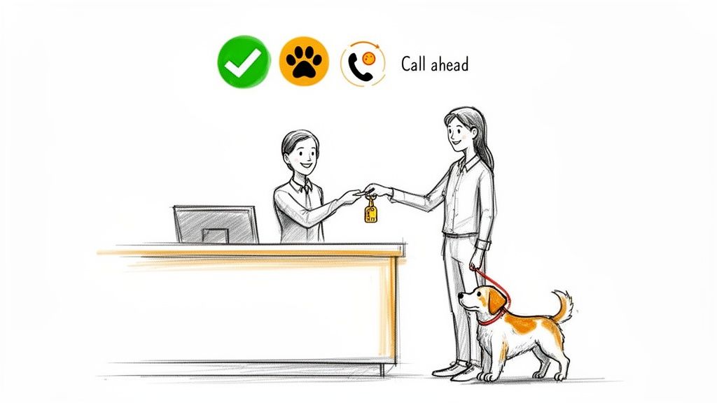 Hotel staff hands keys to a guest with a leashed dog, next to 'Call ahead' and pet-friendly icons.