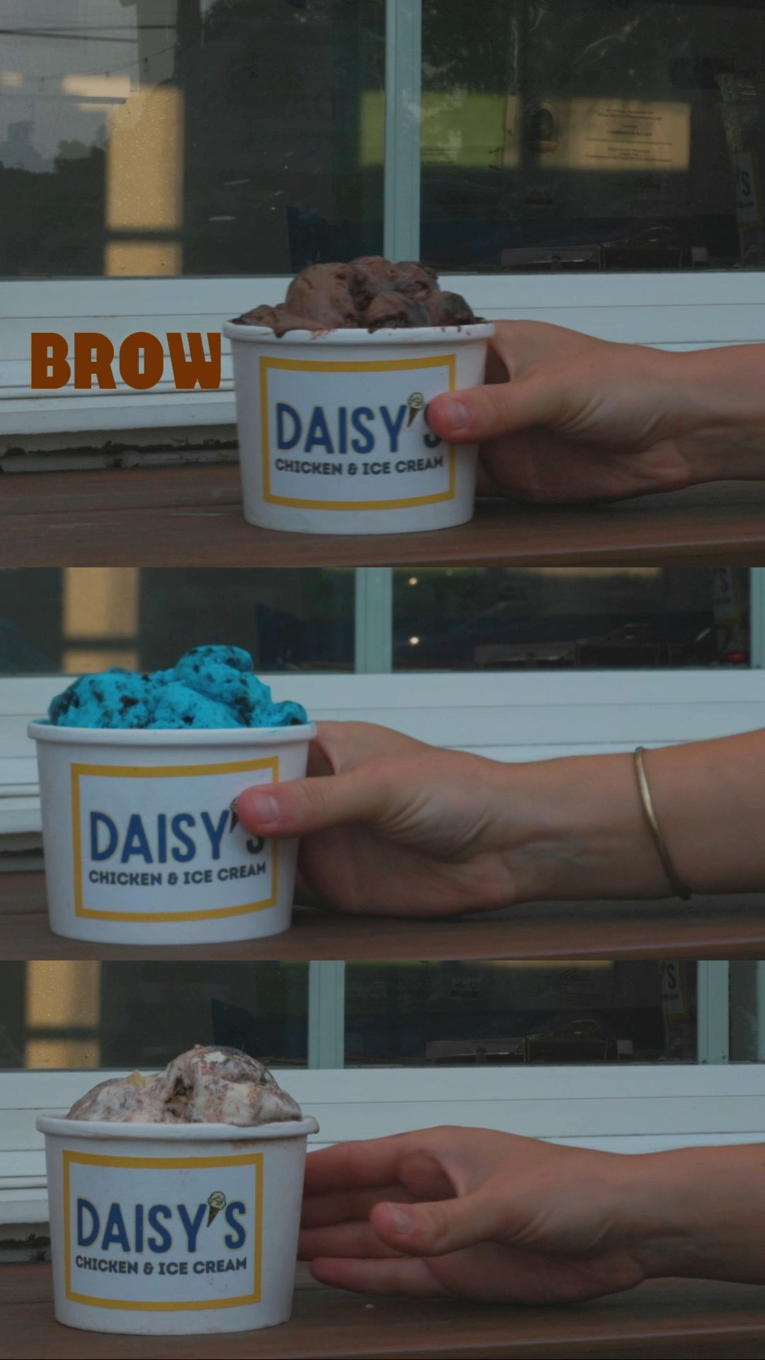 Three-frame montage of Daisy’s ice cream cups held outside the shop