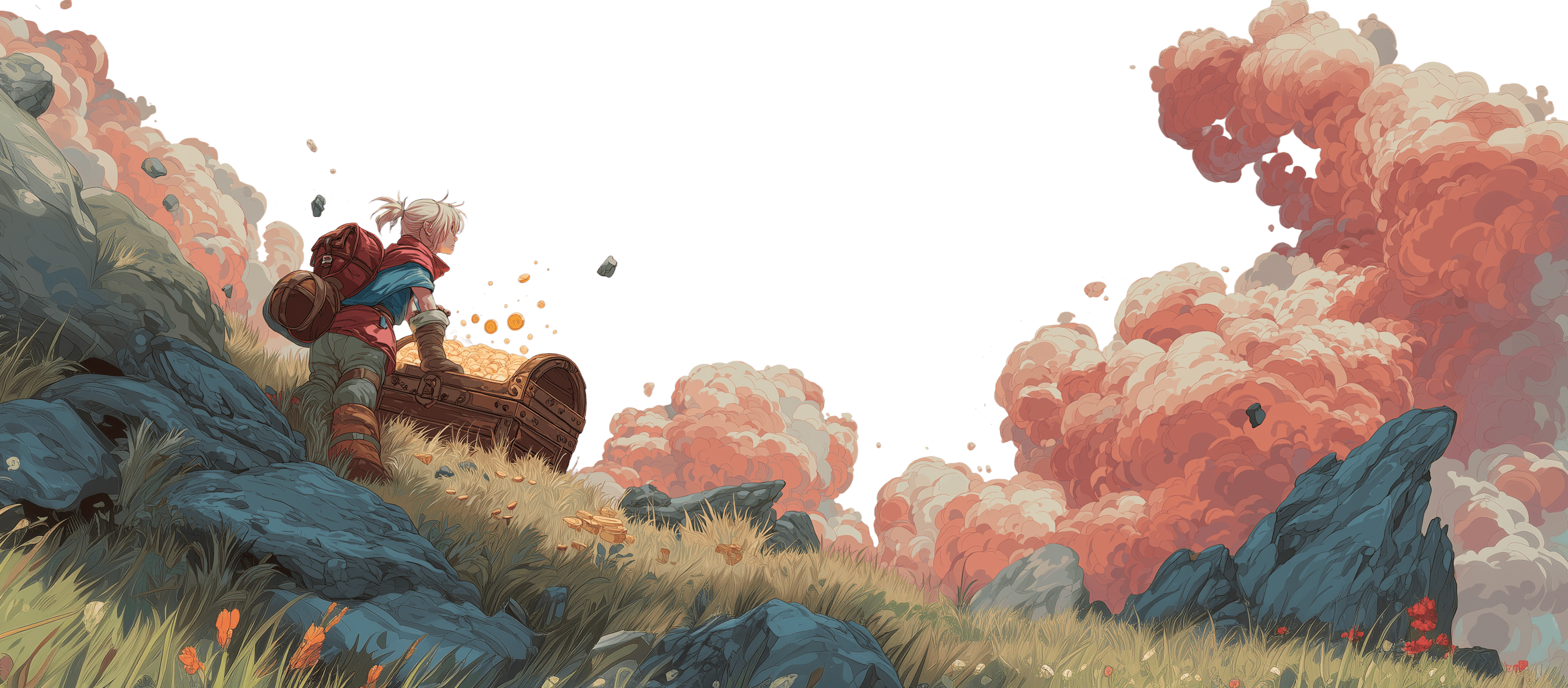 Illustrated fantasy landscape with adventurer character opening a treasure chest amid colorful clouds and rocky terrain.