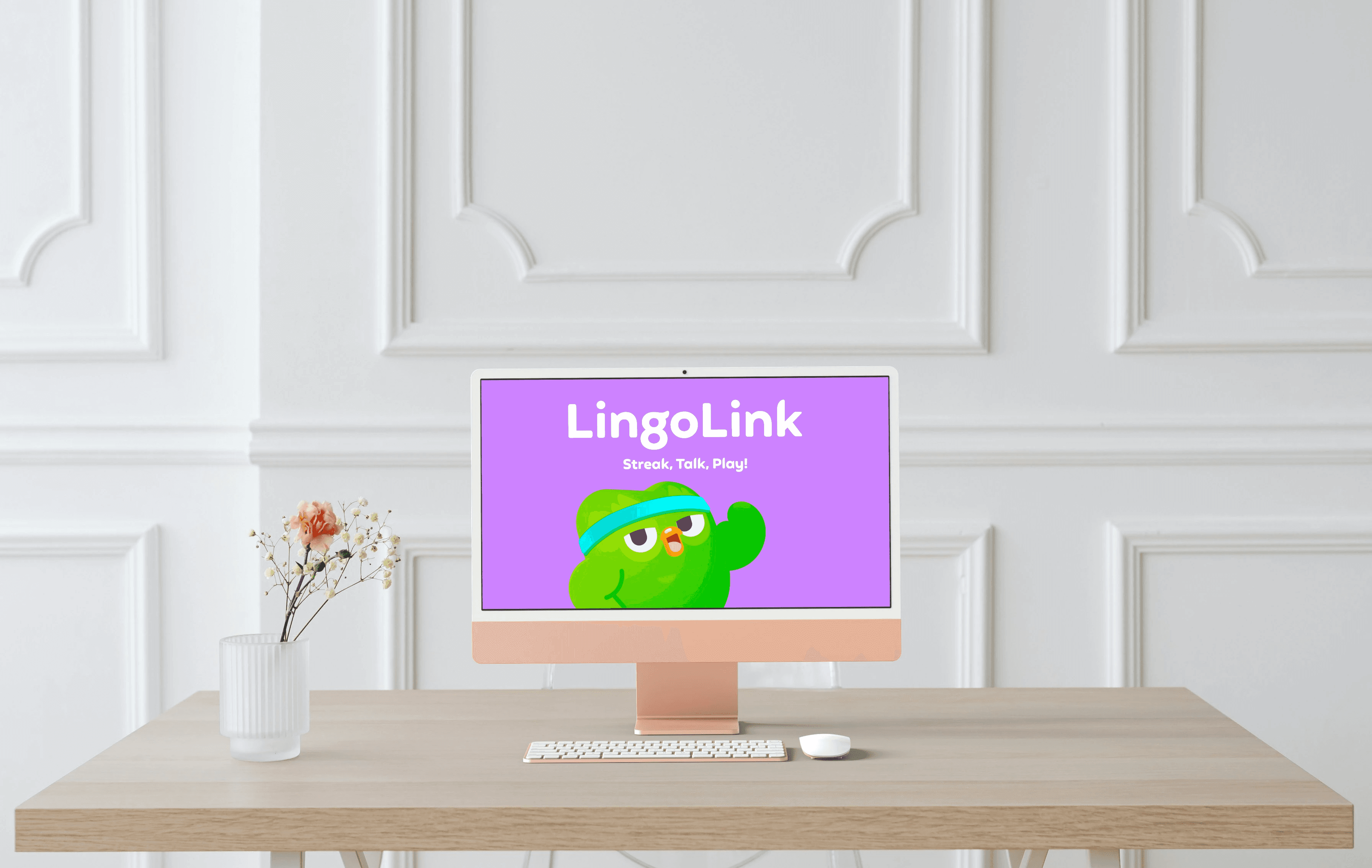 LingoLink campaign banner featuring a playful green mascot, bold white typography and a bright purple background.