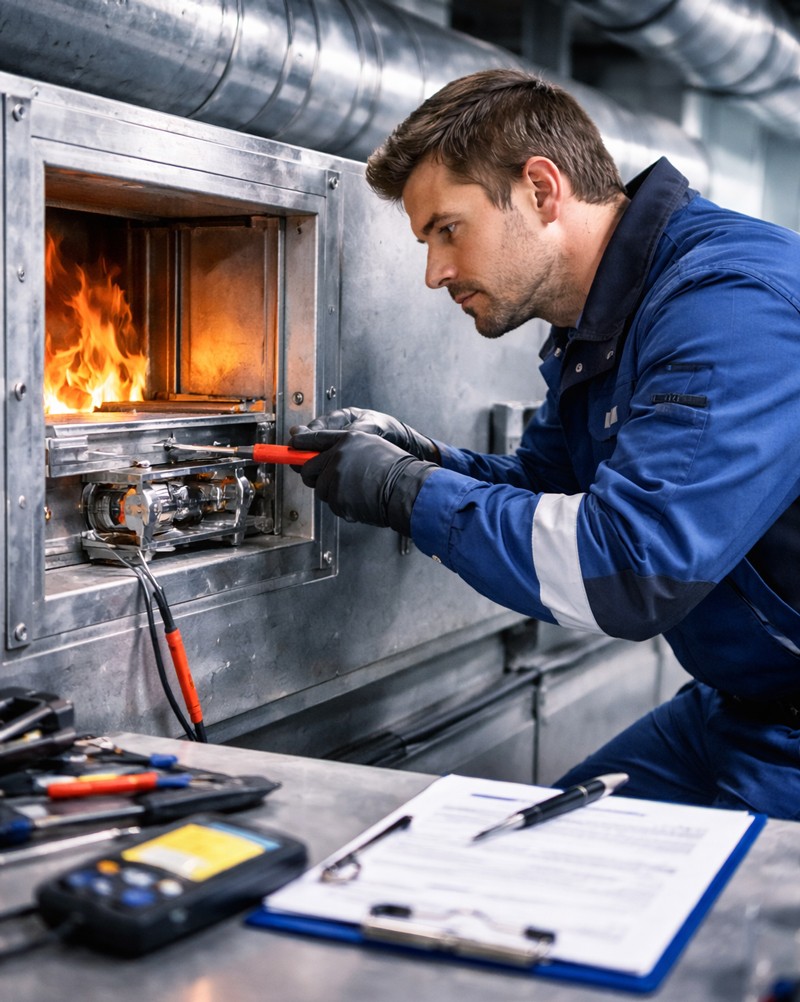 Ein Mann der eine Brandschutzklappe wartet