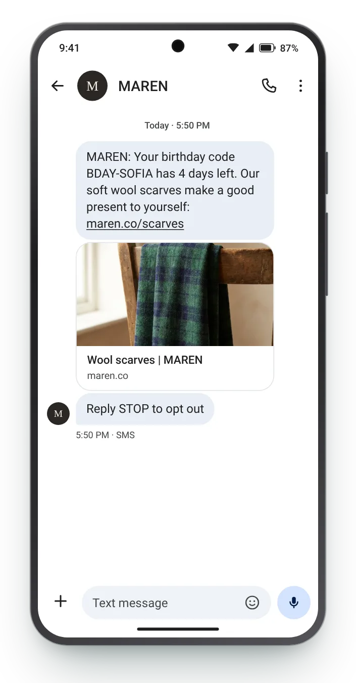 The code is about to lapse birthday text on an Android phone