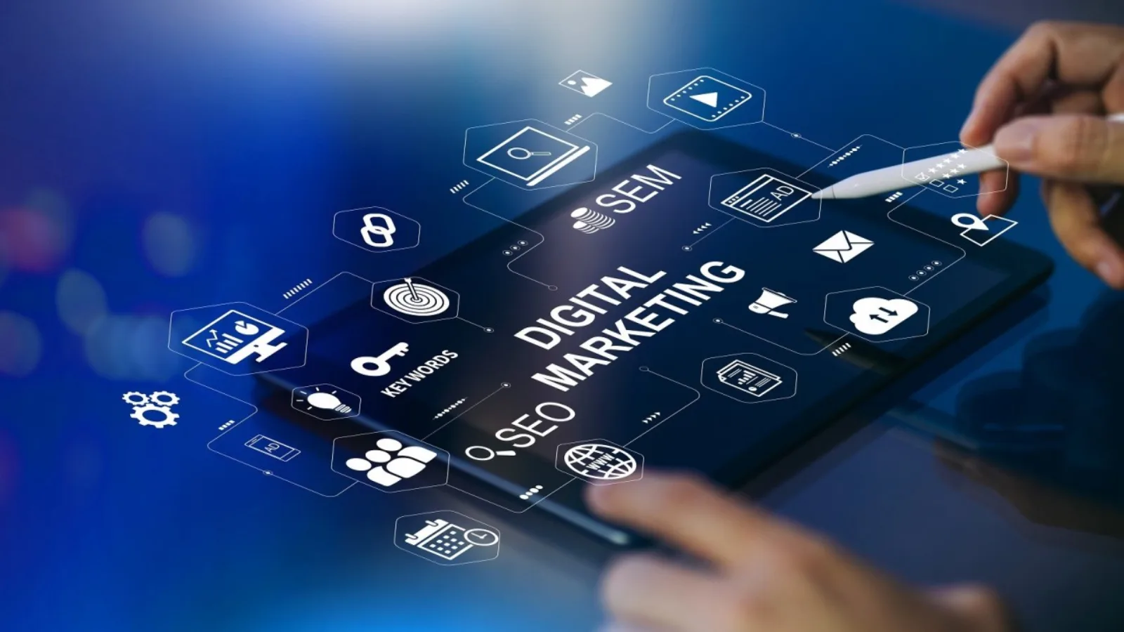 Infographic titled "SEO PROCESS" showing various components like Keyword Research, Link Building, and Content Writing arranged in a circular diagram. In the foreground, silhouettes of hands hold up colorful smartphones, suggesting a mobile-first focus.