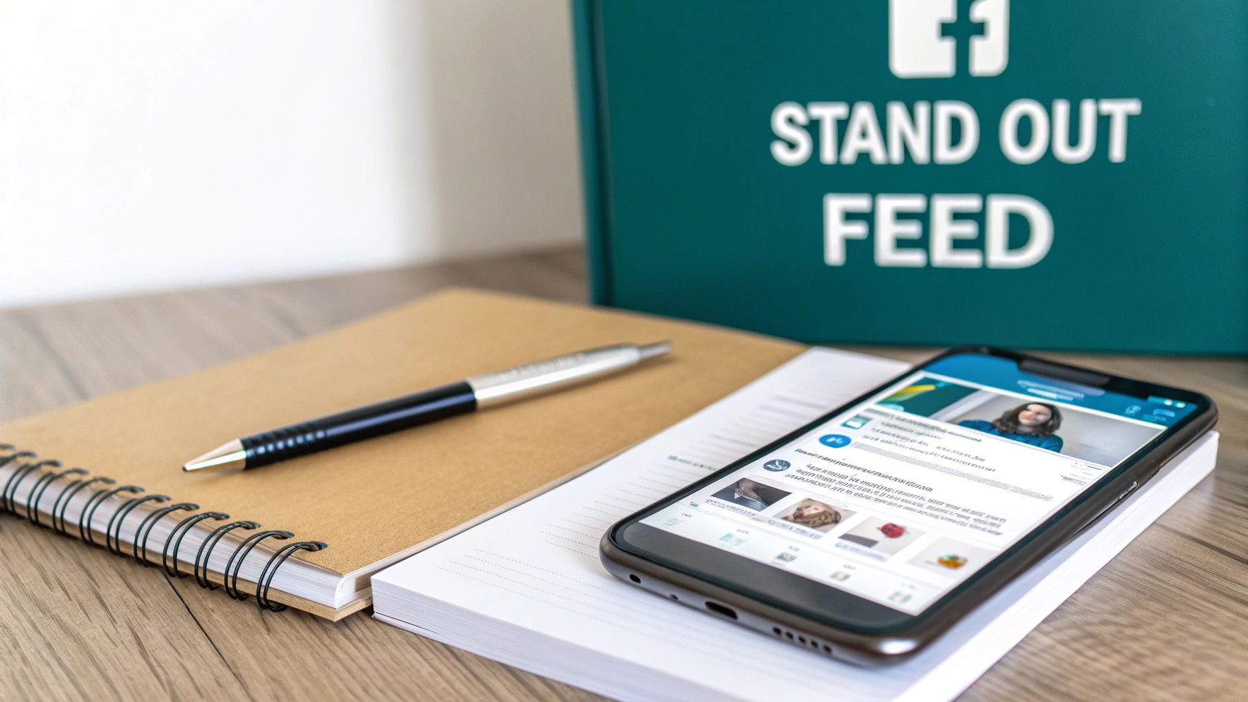 Smartphone displaying a social media feed, placed on a notebook with a pen, next to a 'STAND OUT FEED' sign.