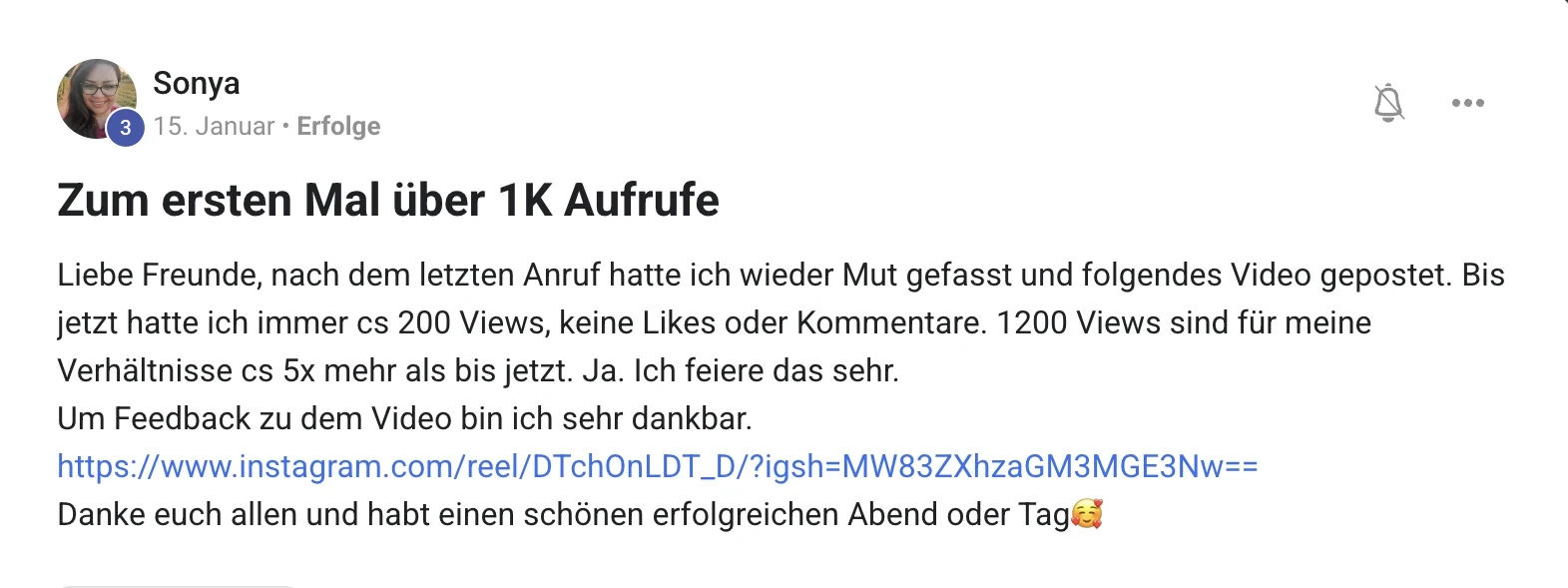Mitglied der KI Creator Akademie: Sonya erreicht zum ersten Mal über 1.000 Aufrufe