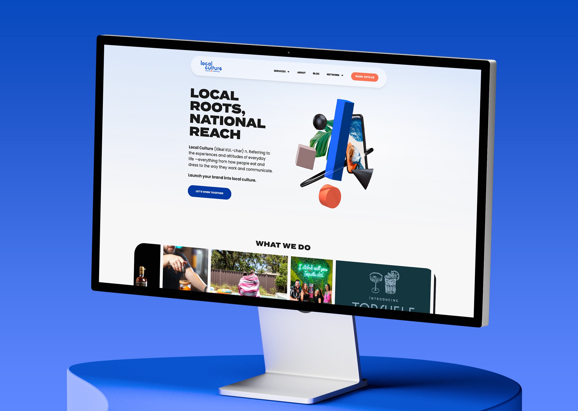 Local Culture Creative Marketing agency website homepage featuring custom 3D graphics and modern layout design