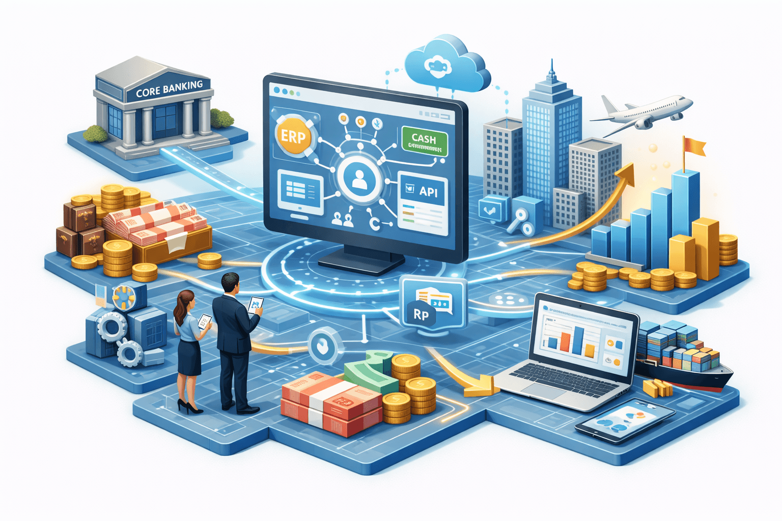 Ilustrasi integrasi core banking, ERP, API, dan ekosistem keuangan digital berbasis data. Di kiri, gedung Core Banking terhubung ke tumpukan uang tunai dan koin, melambangkan sistem inti perbankan. Di tengah, monitor besar menampilkan arsitektur terhubung dengan modul ERP, CASH, dan API yang berpusat pada profil pengguna, menunjukkan orkestrasi layanan dan data.  Di kanan, gedung kota, cloud, dan grafik batang meningkat dengan panah naik merepresentasikan skalabilitas, analitik, dan pertumbuhan bisnis; pesawat menandakan jangkauan lintas wilayah. Di bawah, laptop dan smartphone menampilkan dashboard kinerja, ikon roda gigi (otomasi), ikon Rp, serta kontainer dan kapal (perdagangan/logistik). Dua profesional memantau data melalui tablet. Visual menggambarkan platform keuangan terintegrasi yang menghubungkan sistem inti, kanal digital, analitik, dan perdagangan dalam satu alur end‑to‑end yang efisien dan siap skala.