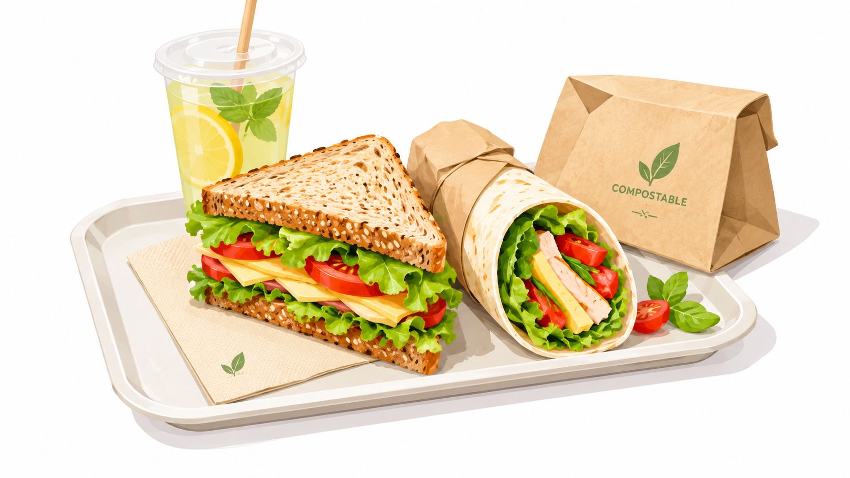 Una bandeja con un sándwich de pan integral, un wrap fresco, limonada y empaque biodegradable.