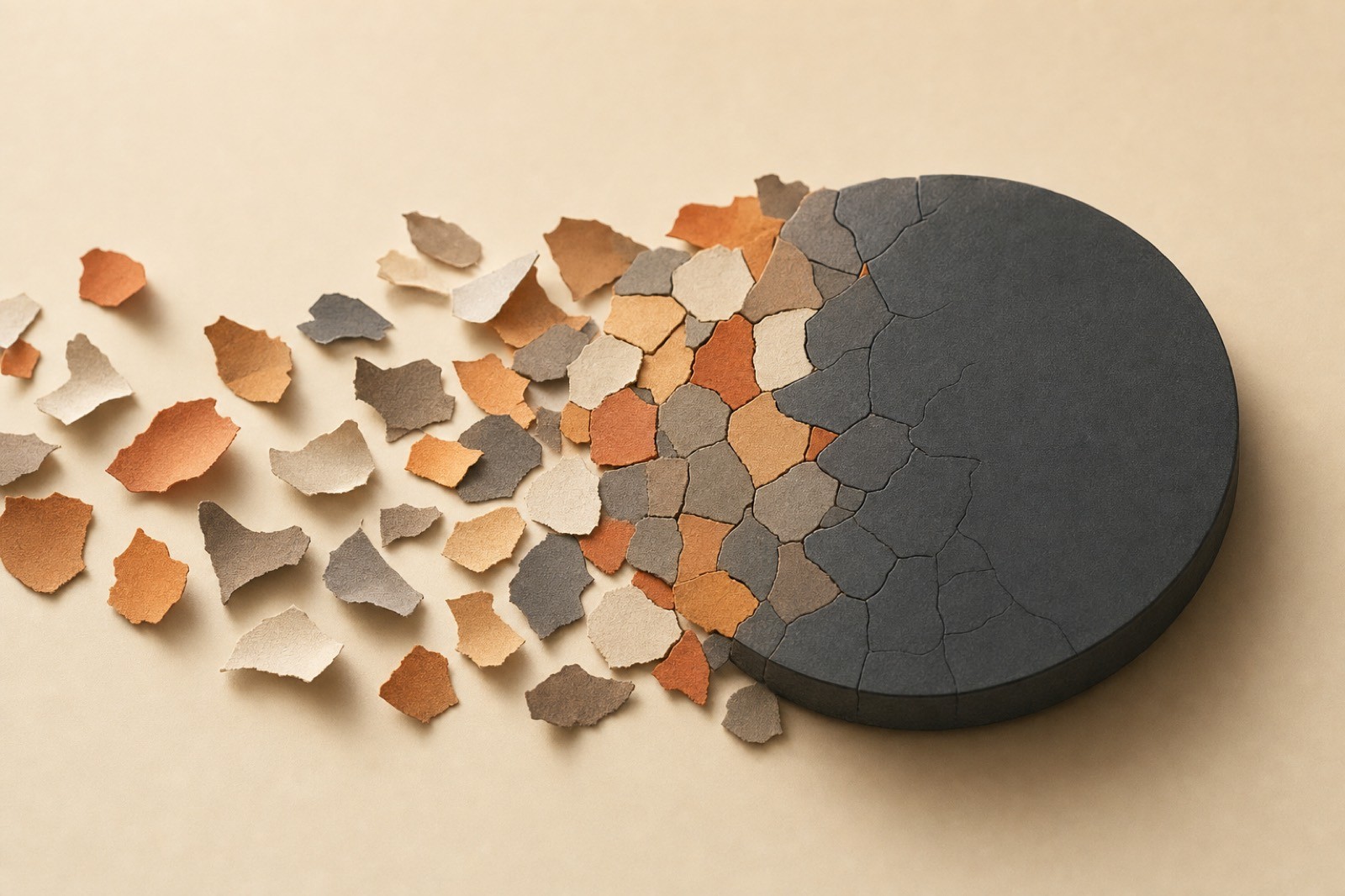 Loose paper fragments gathering and consolidating into one solid charcoal stone dial