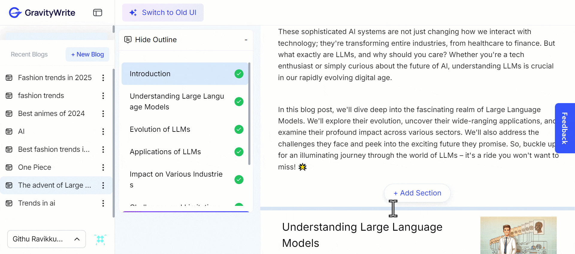 A GIF of GravityWrite interface showing a blog editor with sections like "Introduction" and "Understanding LLMs" highlighted.