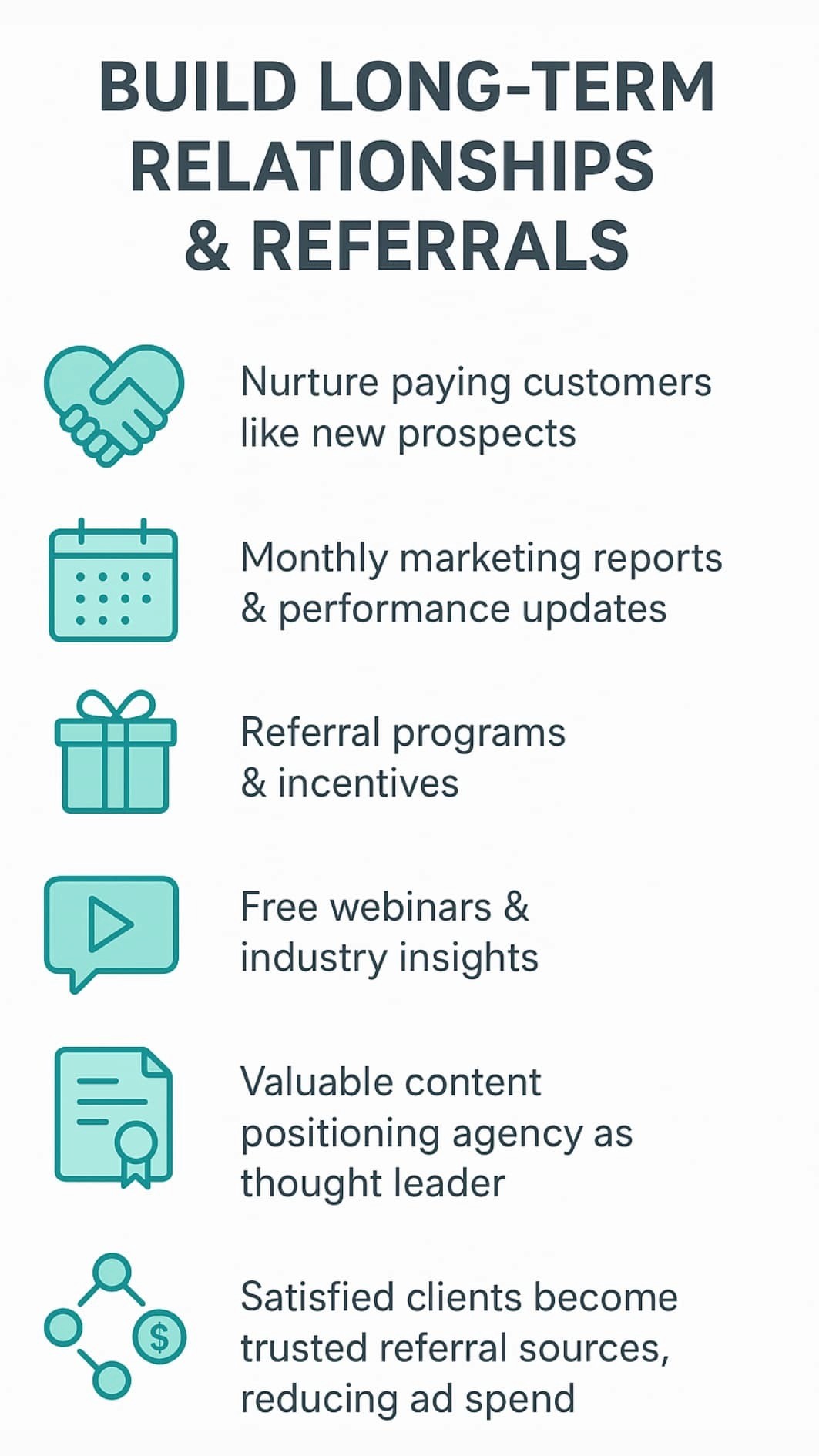 Infographic showing six steps for optimizing your agency's lead generation through client relationships.