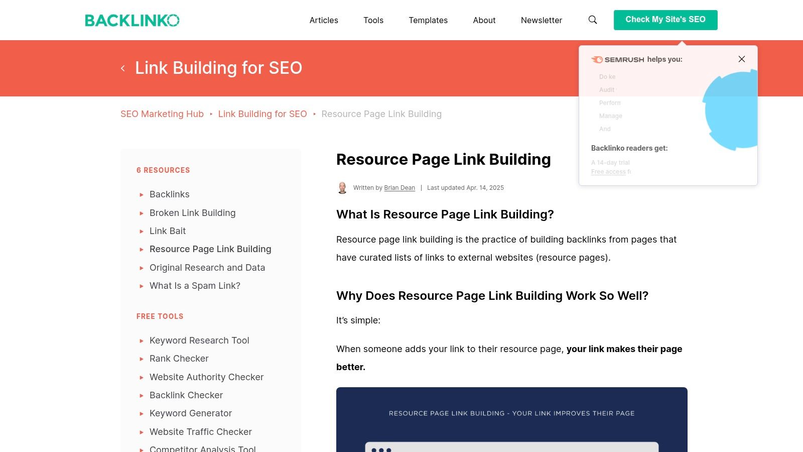 A screenshot of the Backlinko guide on resource page link building, showing a clear, text-based layout with a table of contents on the left and detailed instructions in the main content area.