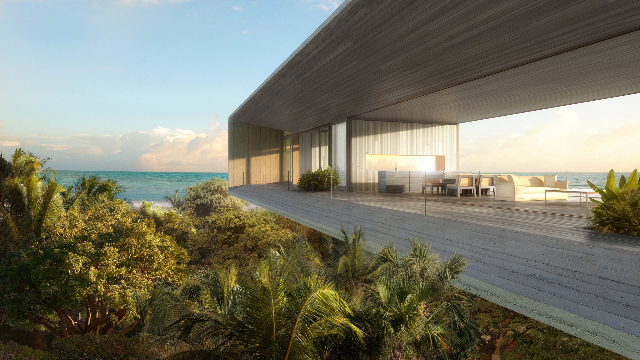 Tree Top Villa deck: Expansive open-air deck and living space, designed for seamless indoor-outdoor living with a coastal view.