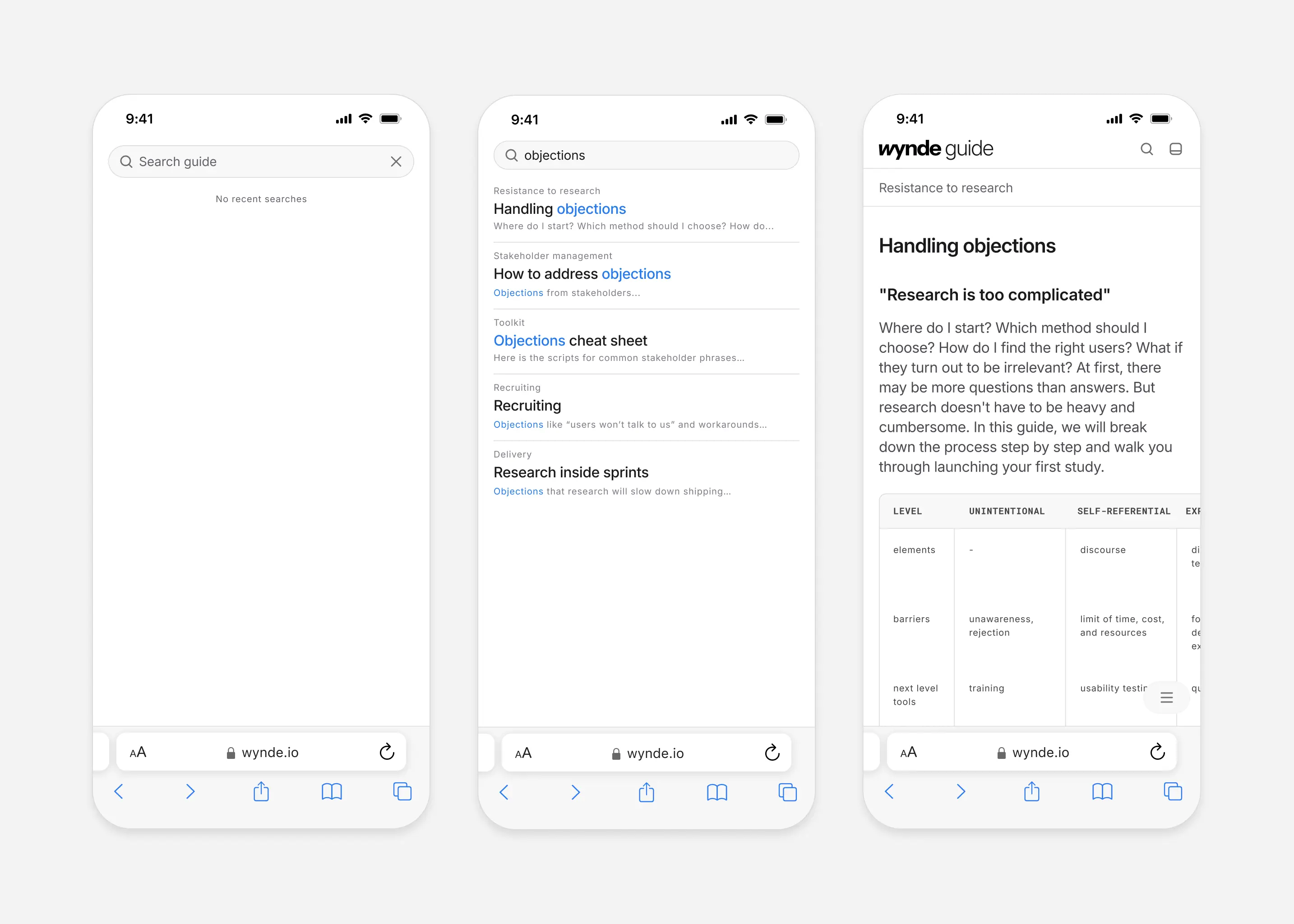 Search flow: empty state, results, and jump to the target chapter.