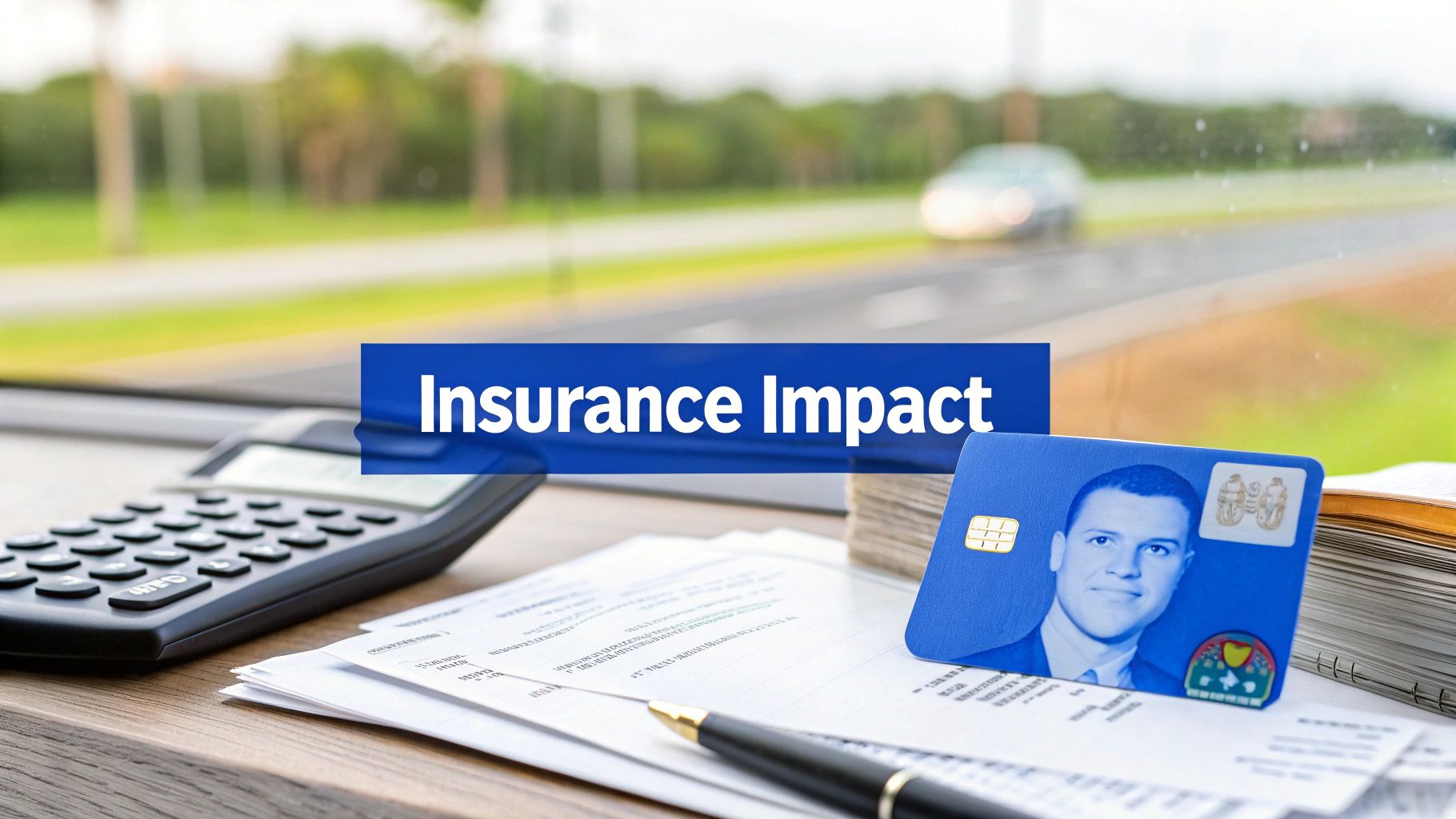 Insurance card, calculator, and documents on a desk, with a road background and 'Insurance Impact' text.