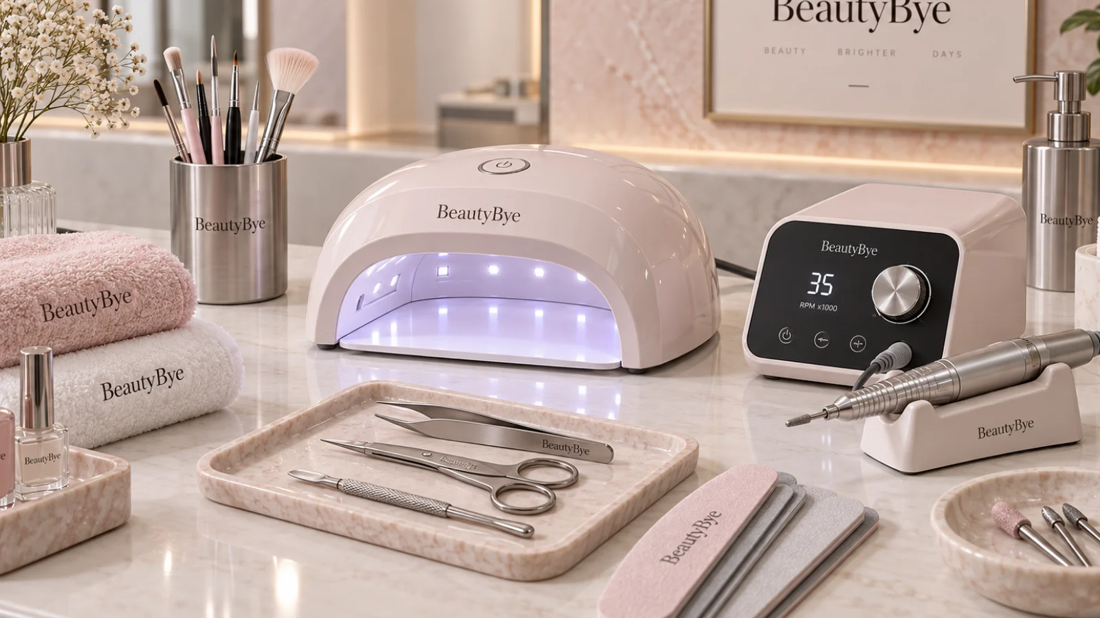 BeautyBye nail lamp, manicure drill and professional nail tools on a salon worktop
