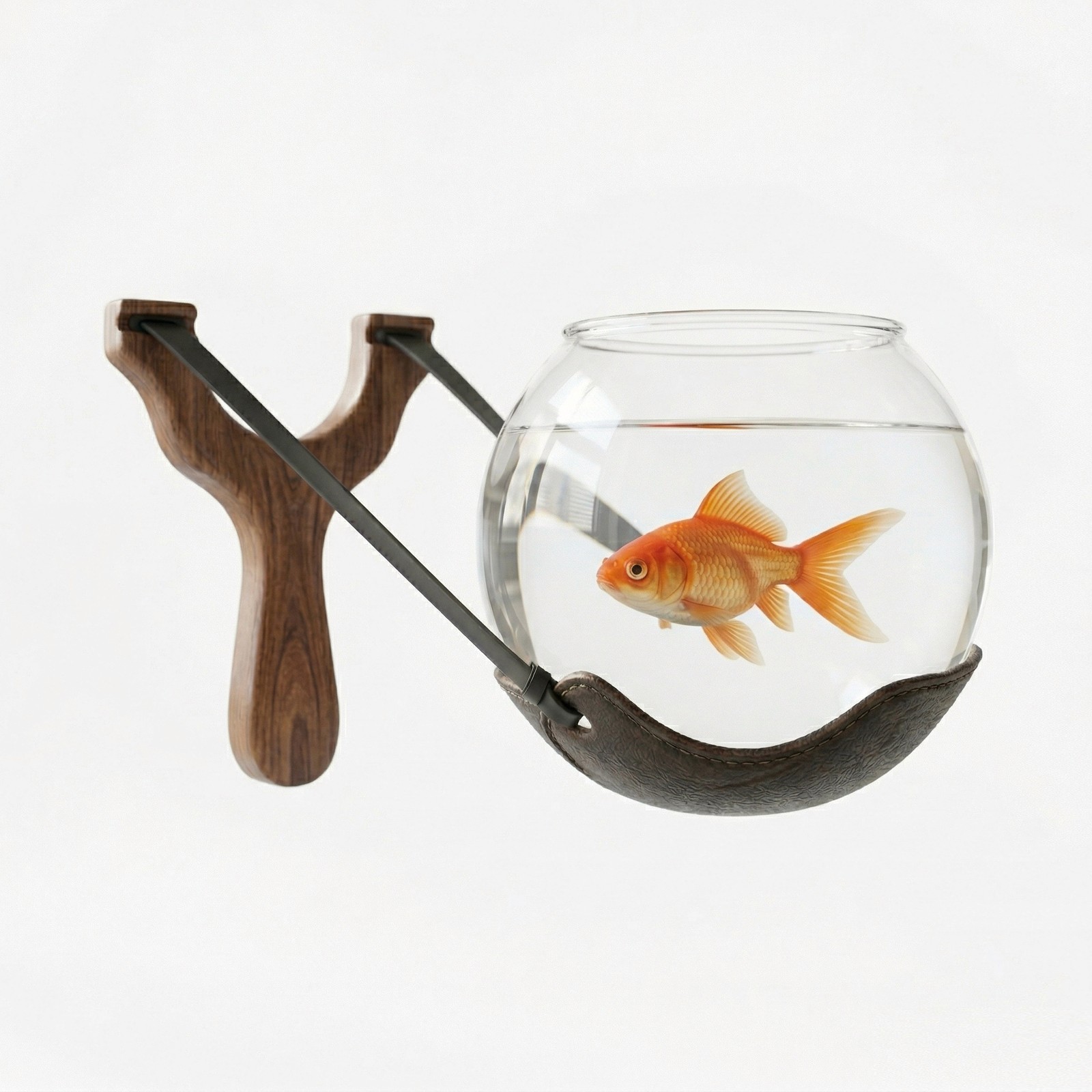 Image of a goldfish bowl loaded into a slingshot.