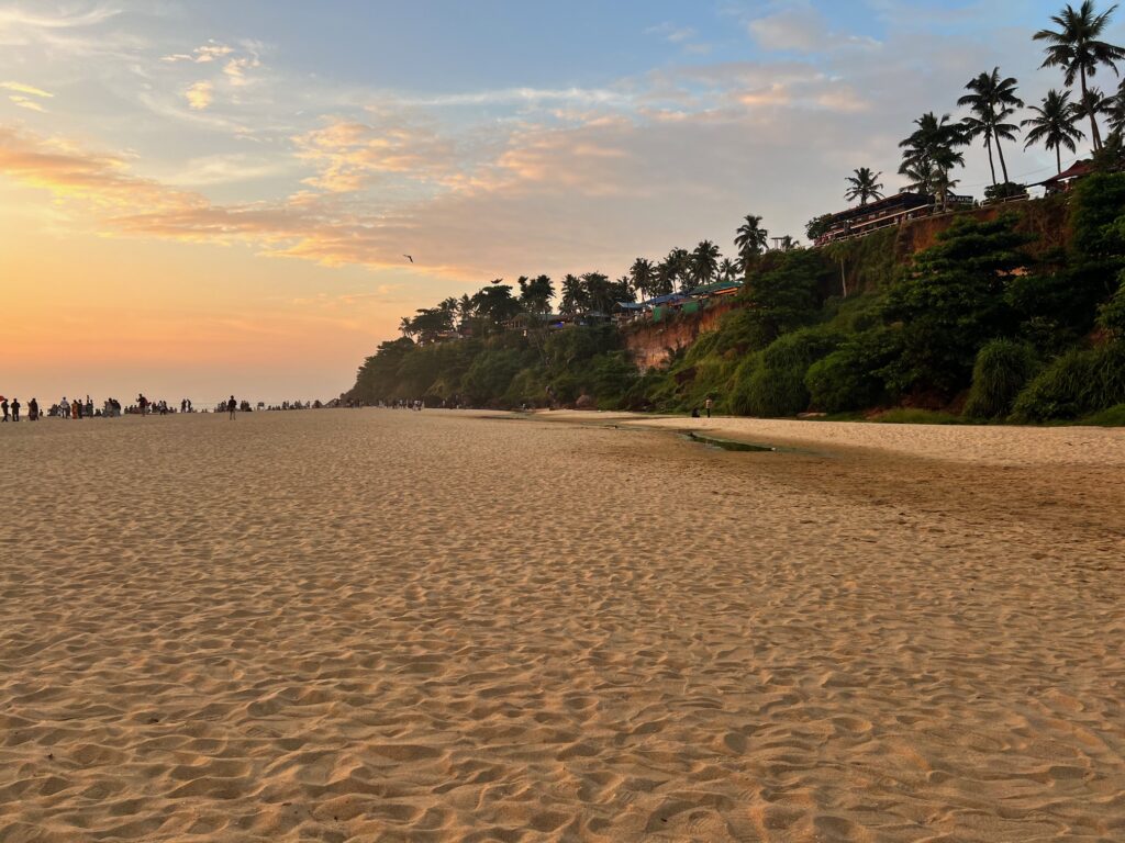 Varkala beach, a clean beach along the cliff fringed with coconut palms.