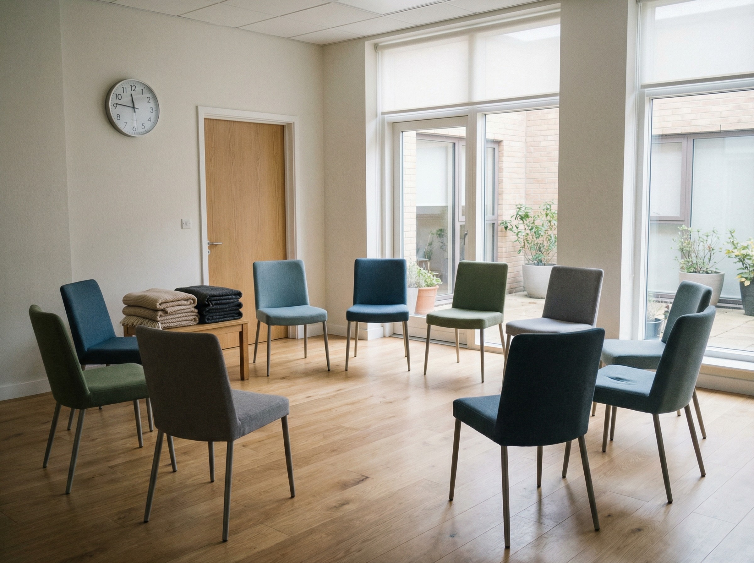 Ein heller Gruppenraum mit Stuhlkreis, eine Uhr zeigt kurz vor Beginn. Auf einem kleinen Tisch liegen sauber gefaltete Decken. Durch die Fenster ist ein stiller Hof zu sehen. Es wirkt geordnet und bereit, ohne Hektik oder Unsicherheit, als ob Plan und Realität exakt zusammenpassen.