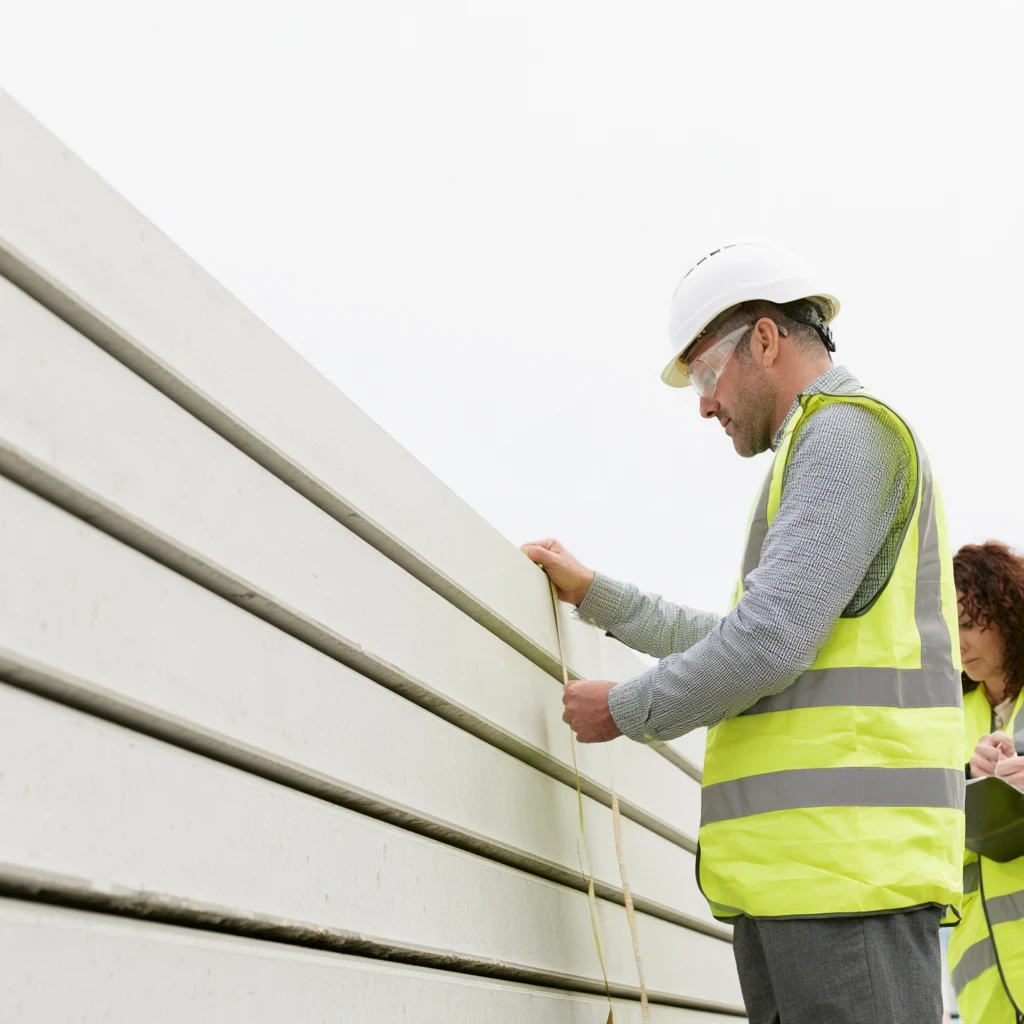 A quality inspector measuring a wall panel while a colleague takes notes