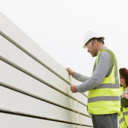 Inspector in safety glasses measuring a precast concrete panel